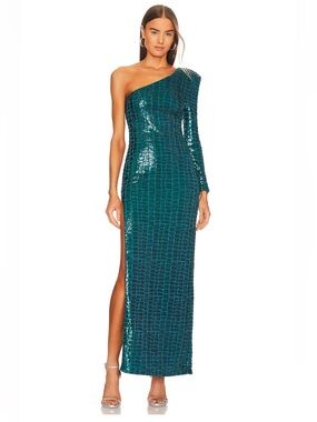 Michael Costello Rumi Gown in Teal Sequin One-Shoulder